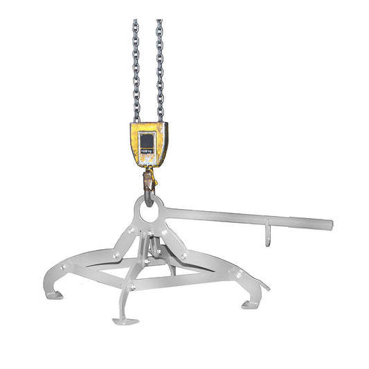 Drum gripper with 4-point clamping system, for 200 l steel bung drums and drums with lids, 220 l plastic L-ring drums, galvanised.
