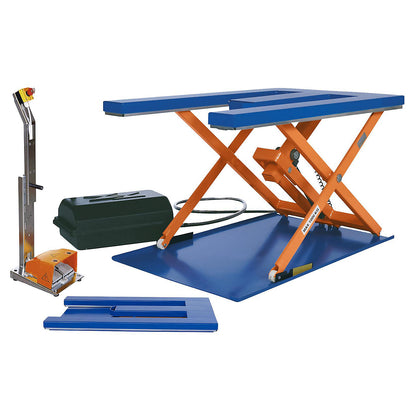 Low profile lift table, LxW 1450 x 900 mm, lifting range up to 800 mm, E-shaped platform, 230 V, with foot operated control unit.