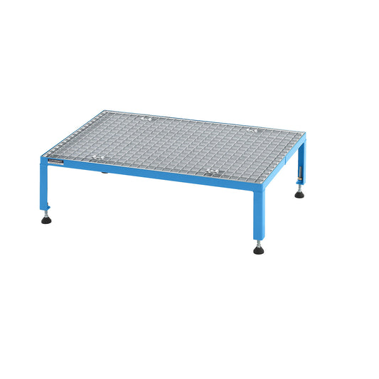 Working platform, height adjustable from 255 - 320 mm, with mesh plate, platform LxW 910 x 610 mm, light blue.