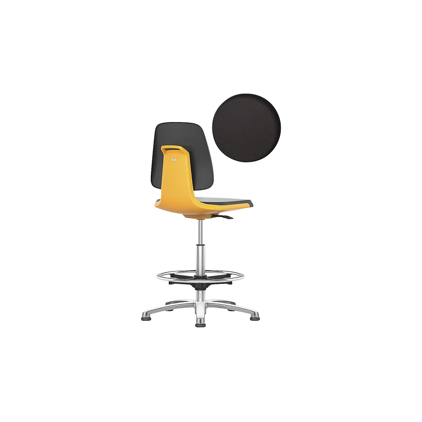 LABSIT industrial swivel chair, with floor glides and foot ring, vinyl upholstered seat, orange.