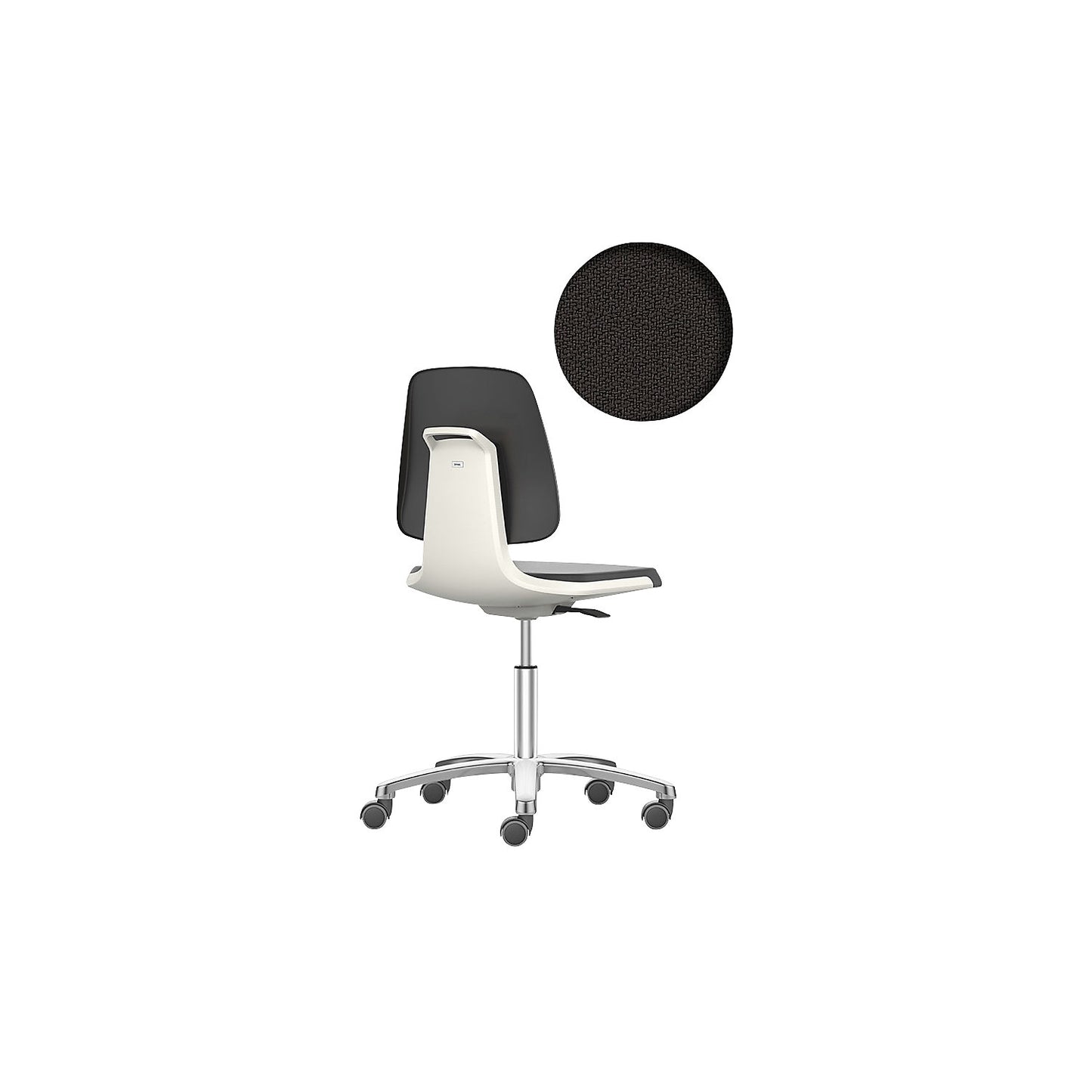 LABSIT industrial swivel chair, five-star base with castors, fabric upholstered seat, white.