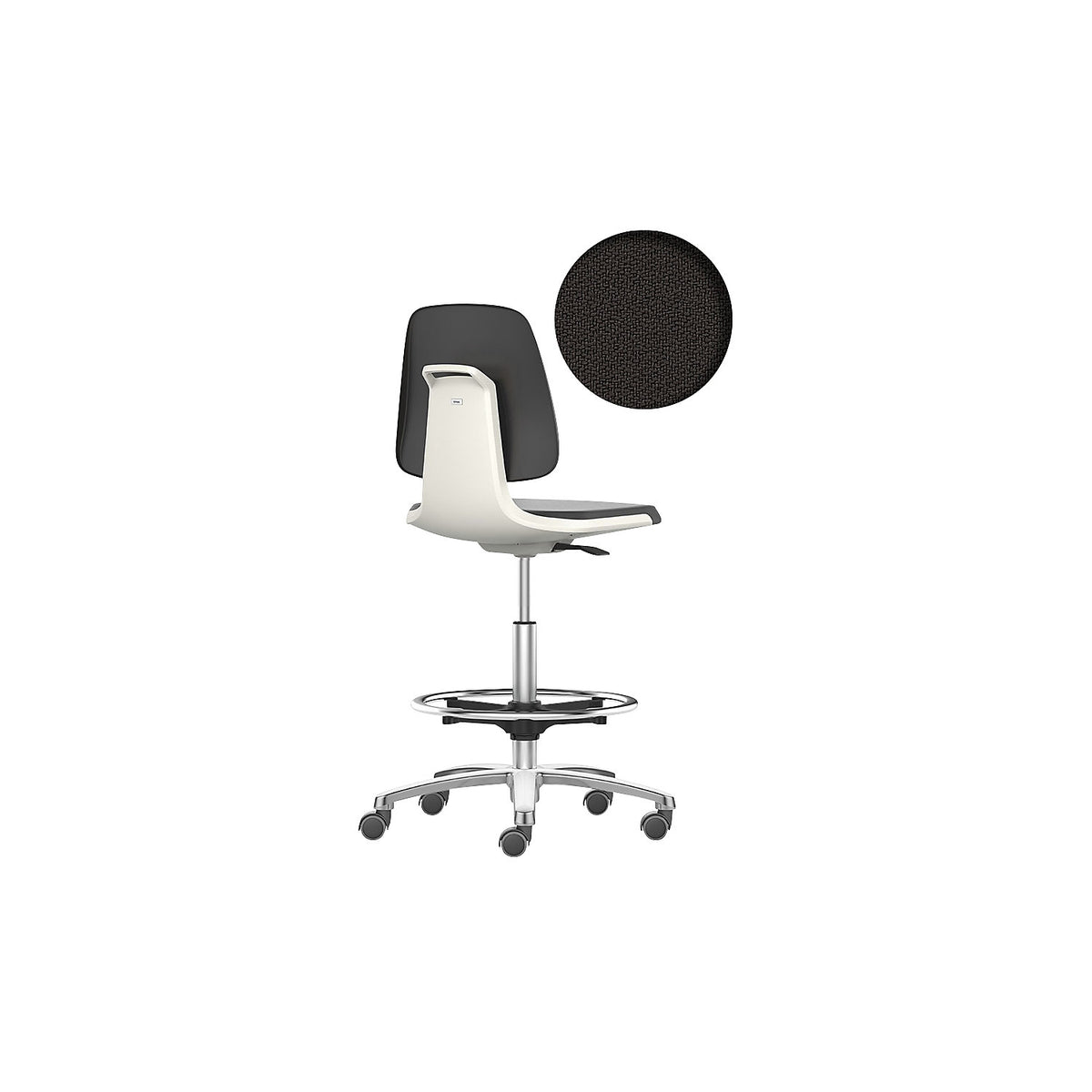 LABSIT industrial swivel chair, high chair with sit-stop castors and foot ring, fabric upholstered seat, white.
