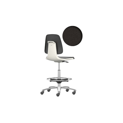 LABSIT industrial swivel chair, high chair with sit-stop castors and foot ring, fabric upholstered seat, white.