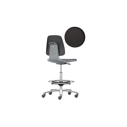 LABSIT industrial swivel chair, high chair with sit-stop castors and foot ring, vinyl upholstered seat, charcoal.