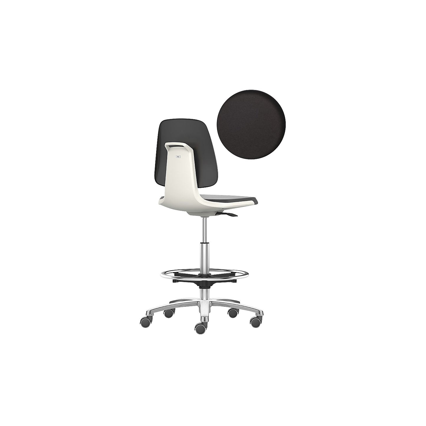 LABSIT industrial swivel chair, high chair with sit-stop castors and foot ring, vinyl upholstered seat, white.