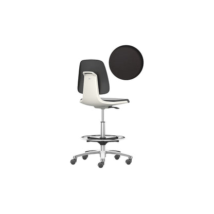 LABSIT industrial swivel chair, high chair with sit-stop castors and foot ring, vinyl upholstered seat, white.