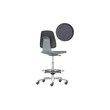 LABSIT industrial swivel chair, high chair with sit-stop castors and foot ring, Supertec seat, charcoal.