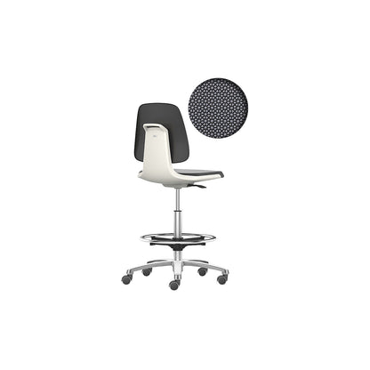 LABSIT industrial swivel chair, high chair with sit-stop castors and foot ring, Supertec seat, white.