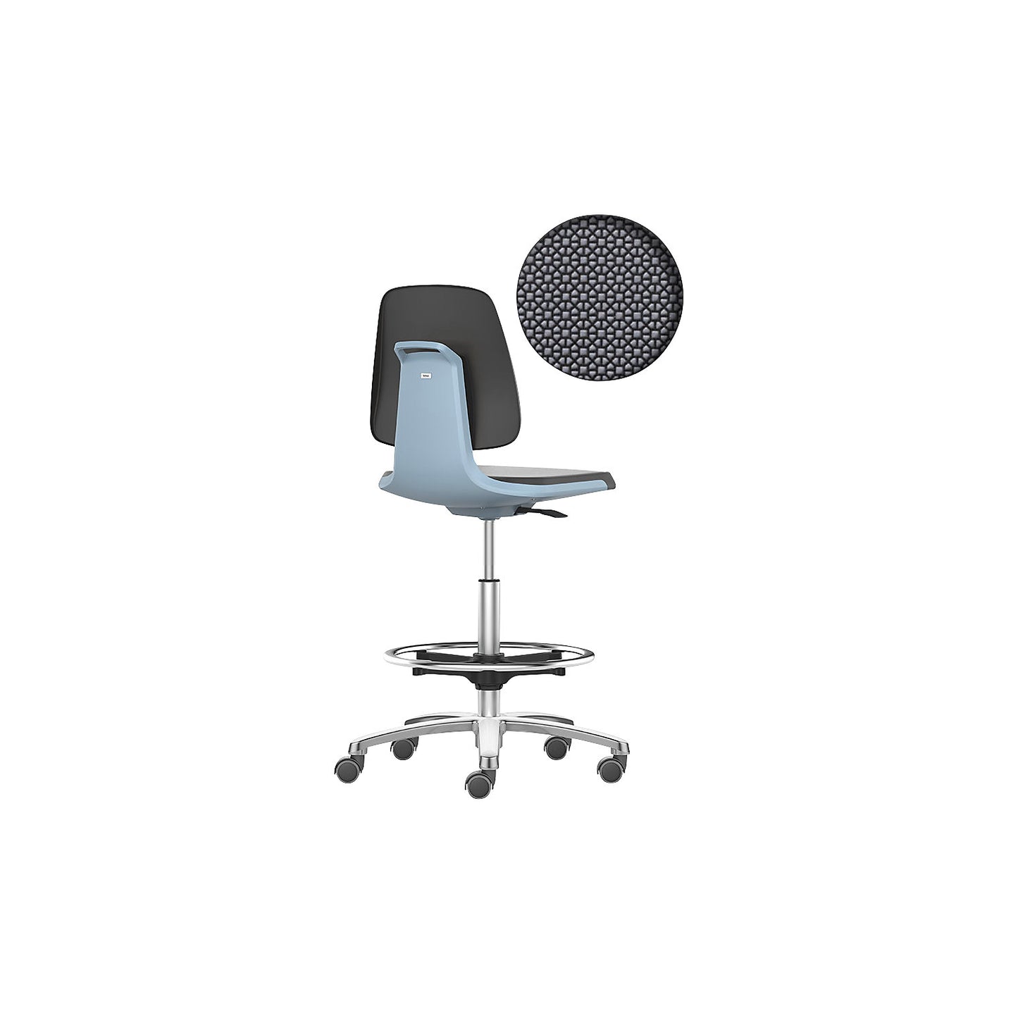 LABSIT industrial swivel chair, high chair with sit-stop castors and foot ring, Supertec seat, blue.