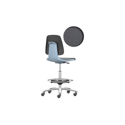 LABSIT industrial swivel chair, high chair with sit-stop castors and foot ring, Supertec seat, blue.