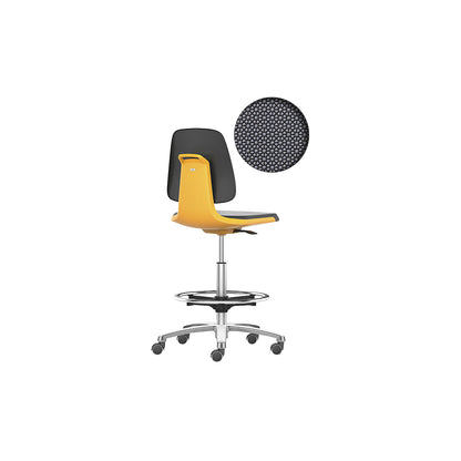LABSIT industrial swivel chair, high chair with sit-stop castors and foot ring, Supertec seat, orange.