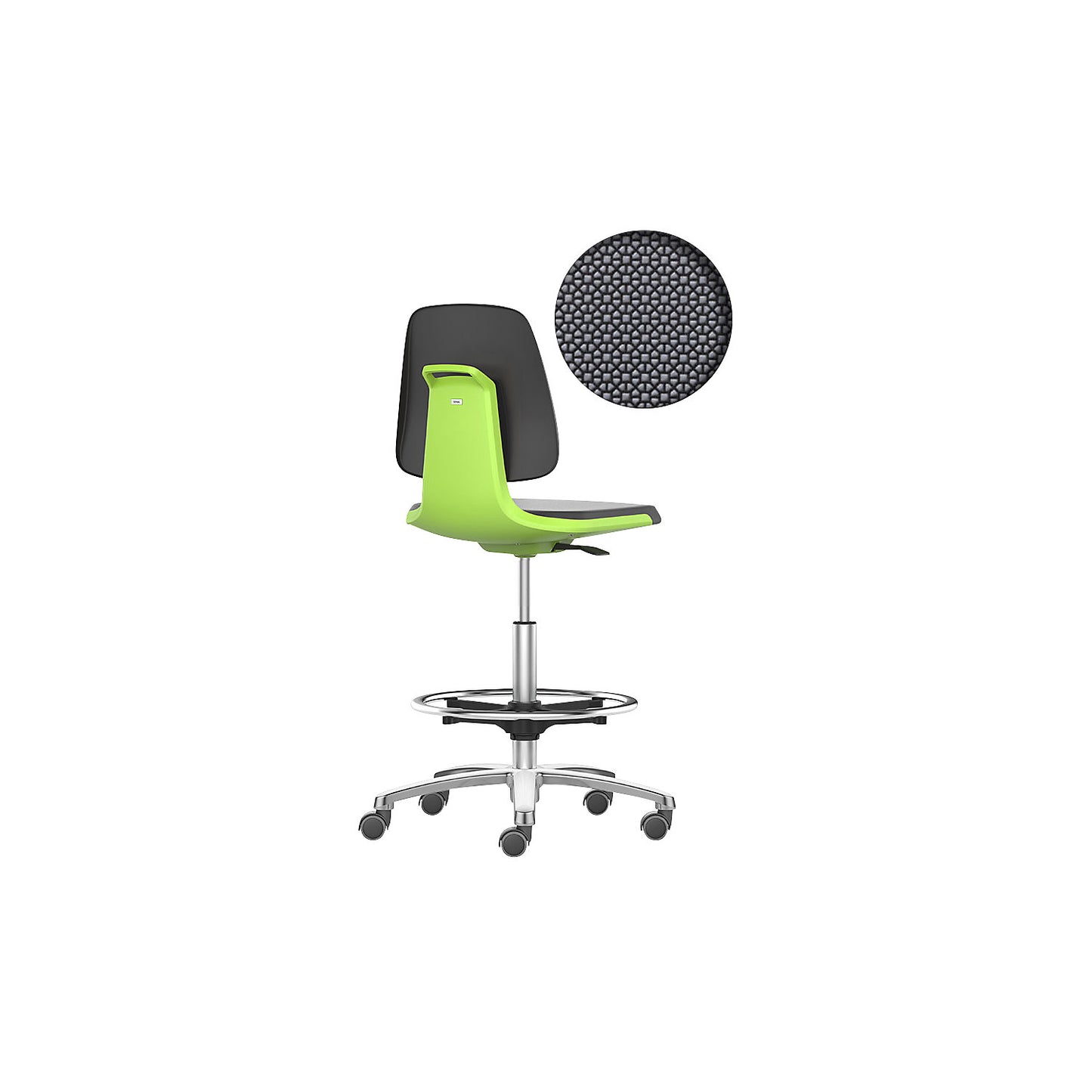 LABSIT industrial swivel chair, high chair with sit-stop castors and foot ring, Supertec seat, green.