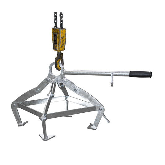 Drum gripper with 4-point clamping system, for 220 l plastic drums with lids, galvanised.