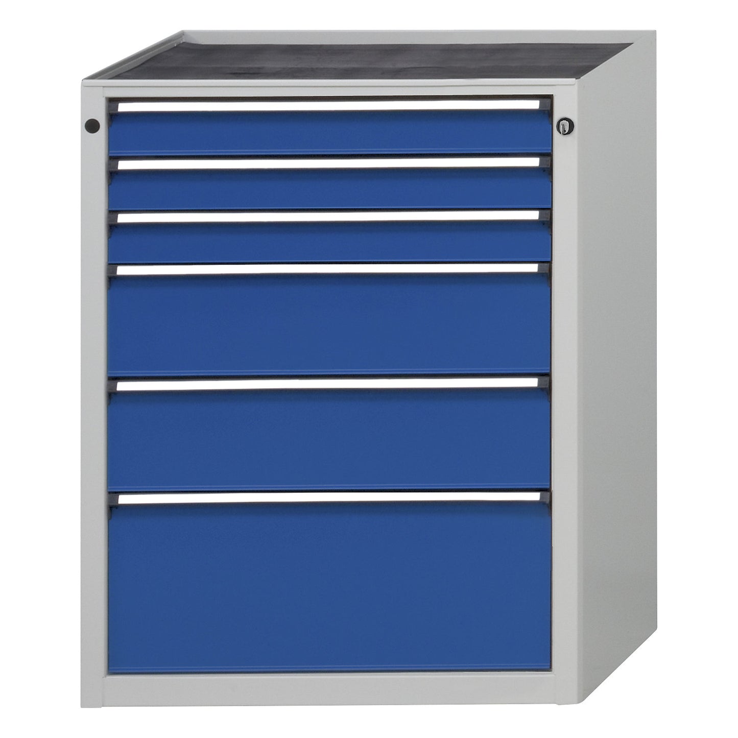 Drawer cupboard without worktop, width 760 mm, max. drawer load 200 kg, 6 drawers, front in gentian blue.