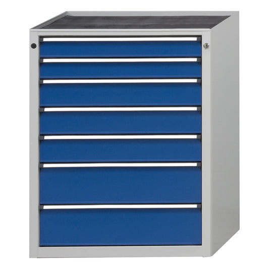 Drawer cupboard without worktop, width 760 mm, max. drawer load 200 kg, 7 drawers, front in gentian blue.