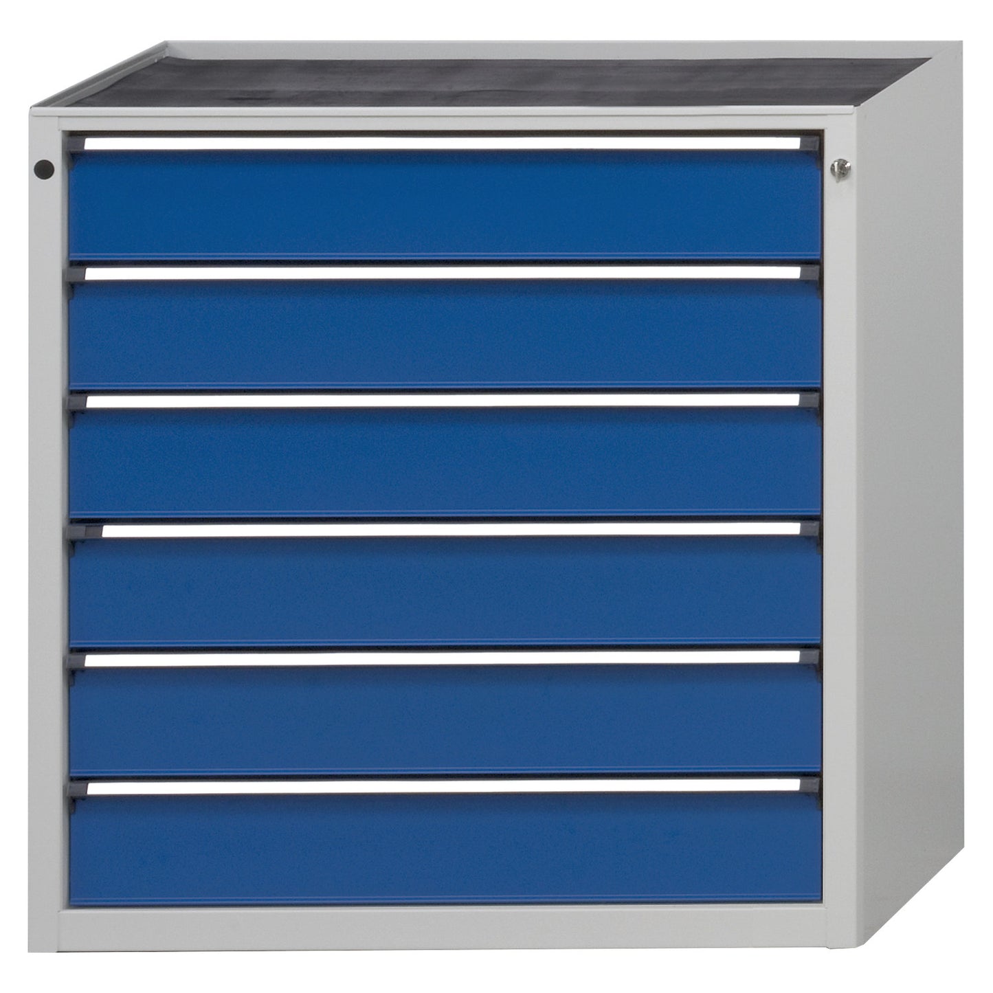 Drawer cupboard without worktop, width 910 mm, max. drawer load 200 kg, 6 x 150 mm drawers, front in gentian blue.