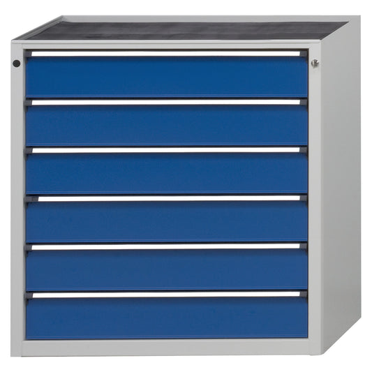 Drawer cupboard without worktop, width 910 mm, max. drawer load 200 kg, 6 x 150 mm drawers, front in gentian blue.