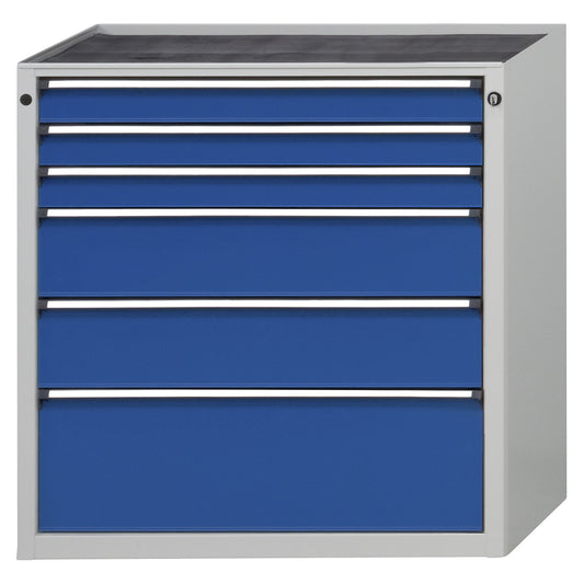 Drawer cupboard without worktop, width 910 mm, max. drawer load 200 kg, 6 drawers, front in gentian blue.