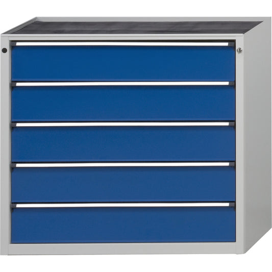 Drawer cupboard without worktop, width 1060 mm, max. drawer load 200 kg, 5 drawers, front in gentian blue.