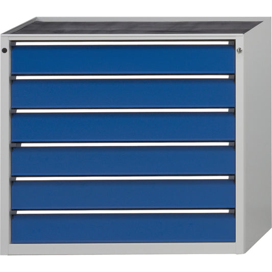 Drawer cupboard without worktop, width 1060 mm, max. drawer load 200 kg, 6 x 150 mm drawers, front in gentian blue.