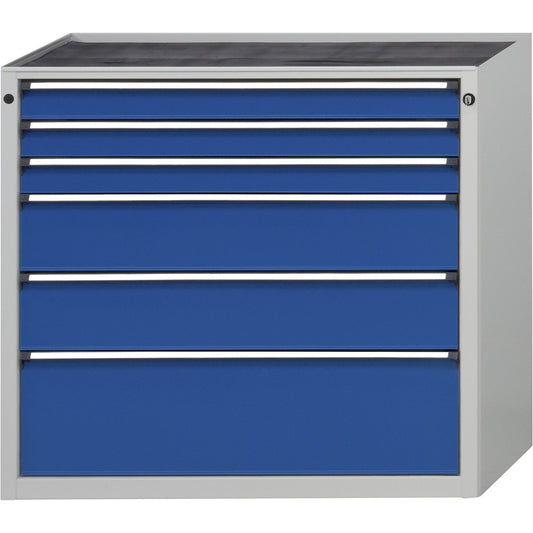 Drawer cupboard without worktop, width 1060 mm, max. drawer load 200 kg, 6 drawers, front in gentian blue.