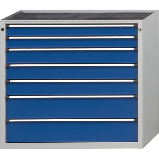Drawer cupboard without worktop, width 1060 mm, max. drawer load 200 kg, 7 drawers, front in gentian blue.
