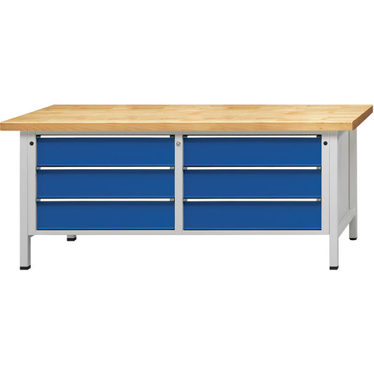 Workbenches 2000 mm wide, frame construction, 6 x 180 mm drawers, solid beech worktop, height 840 mm.
