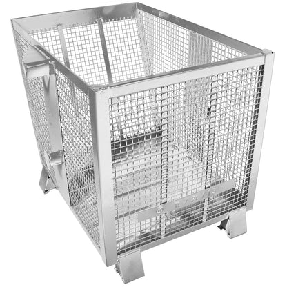 Mesh tilting skip, 4-way stackable, capacity 0.75 m³, zinc plated.