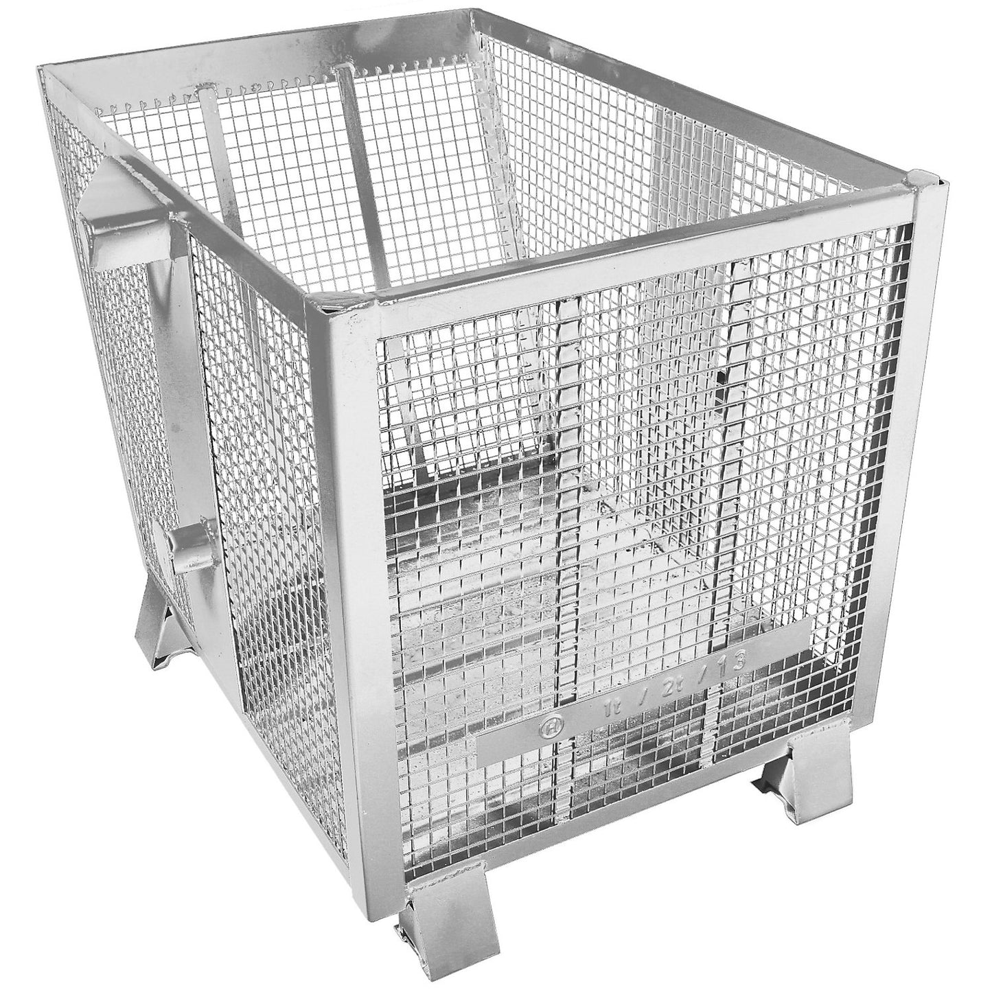 Mesh tilting skip, 4-way stackable, capacity 0.9 m³, zinc plated.
