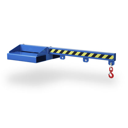 Load arm with rotating swivel hook, gentian blue RAL 5010, length 2400 mm, max. load 5000 kg.