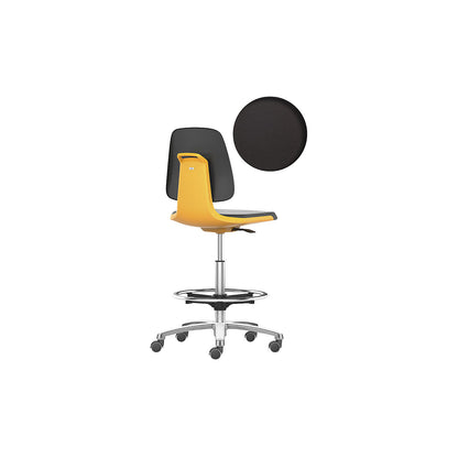 LABSIT industrial swivel chair, high chair with sit-stop castors and foot ring, seat made of Skintec, orange.