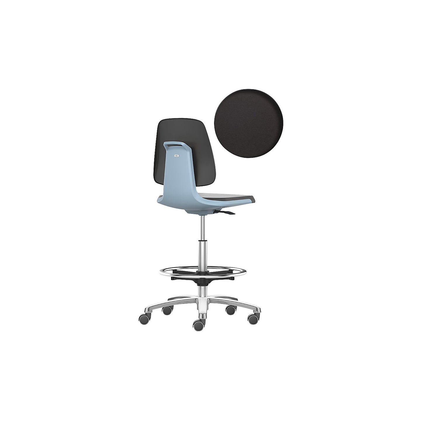 LABSIT industrial swivel chair, high chair with sit-stop castors and foot ring, vinyl upholstered seat, blue.