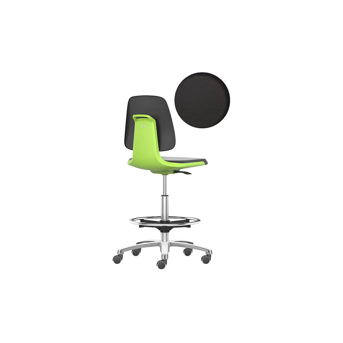 LABSIT industrial swivel chair, high chair with sit-stop castors and foot ring, vinyl upholstered seat, green.
