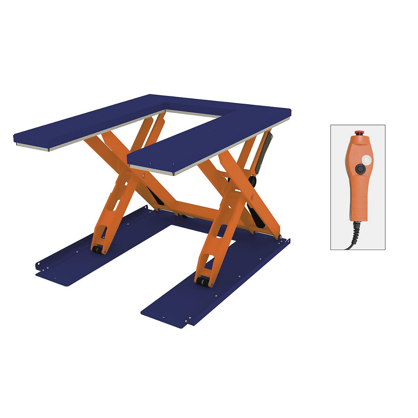 Low profile lift table, U-shape, platform width 1180 mm, manual control unit.