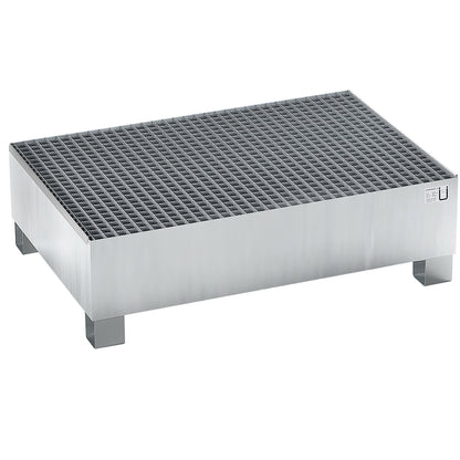 Steel sump tray for 200 l drums, LxWxH 1200 x 800 x 360 mm, with certification, hot dip galvanised, with grate.
