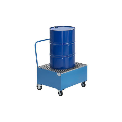 Mobile sump tray made of sheet steel, LxW 800 x 800 mm, 1 x 200 l vertical drum, blue RAL 5012.