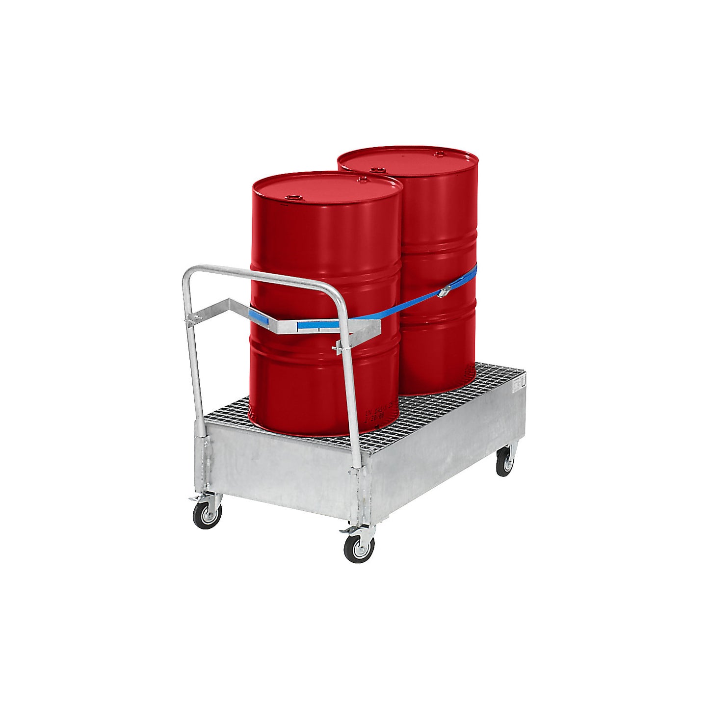 Mobile sump tray made of sheet steel, LxW 1200 x 800 mm, 2 x 200 l vertical drums, blue RAL 5012.