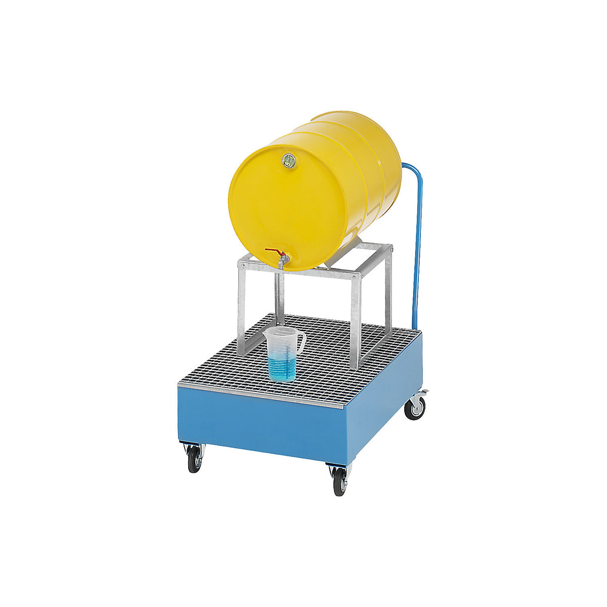 Mobile sump tray made of sheet steel, horizontal drums, LxW 1200 x 800 mm, 1 x 200 l drum, hot dip galvanised.