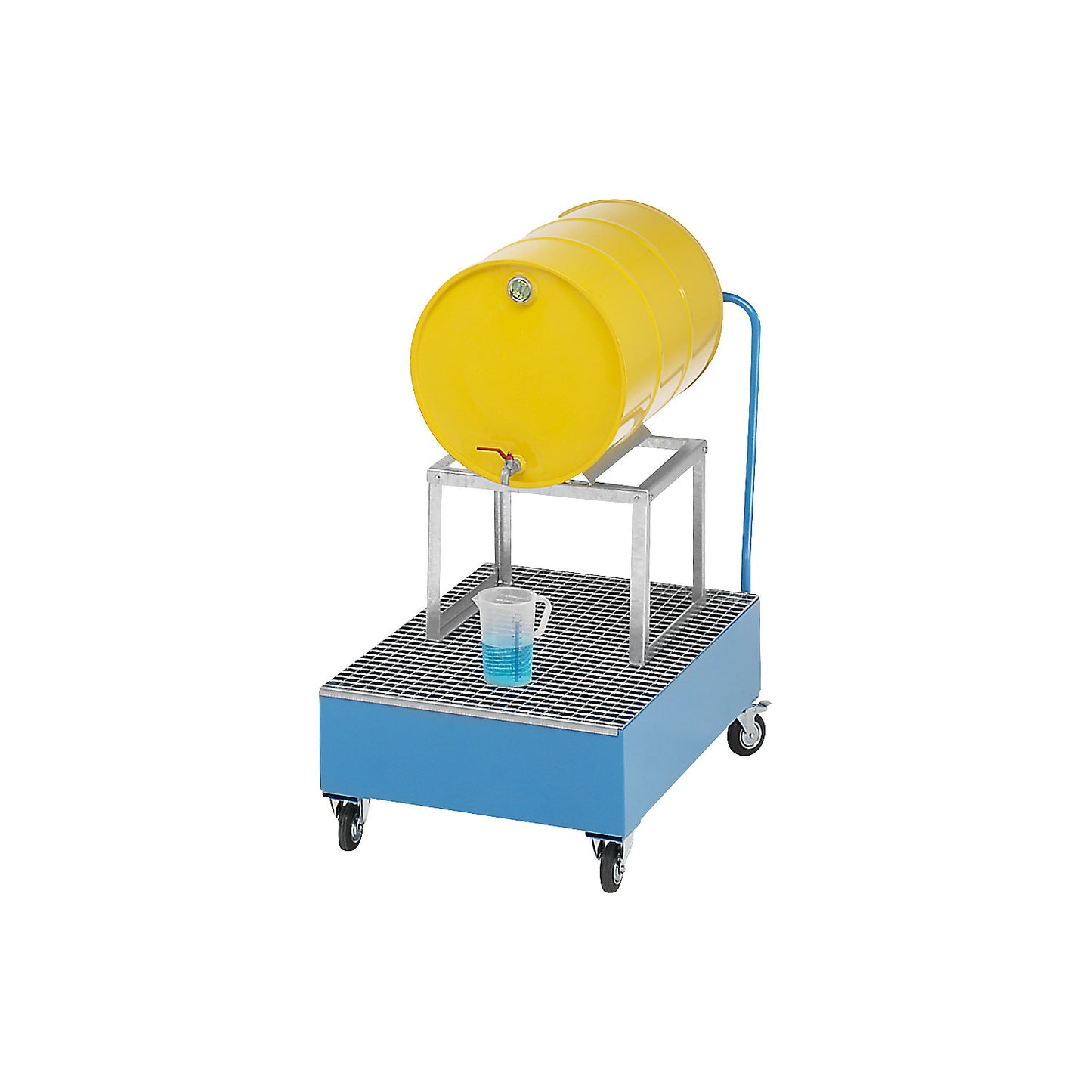 Mobile sump tray made of sheet steel, LxW 1200 x 800 mm, 1 x 200 l horizontal drum, hot dip galvanised.