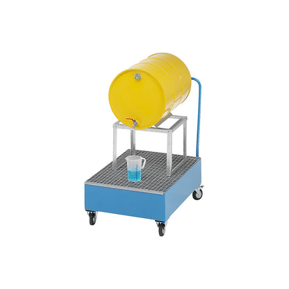 Mobile sump tray made of sheet steel, LxW 1200 x 800 mm, 1 x 200 l horizontal drum, hot dip galvanised.