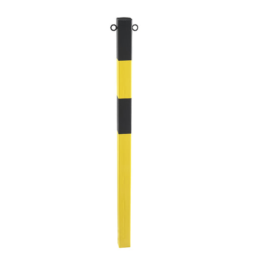 Barrier post made of tubular steel, for concreting in, 70 x 70 mm, yellow / black, zinc plated and painted.