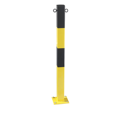 Barrier post made of tubular steel, for bolting in place, 70 x 70 mm, yellow / black, zinc plated and painted.