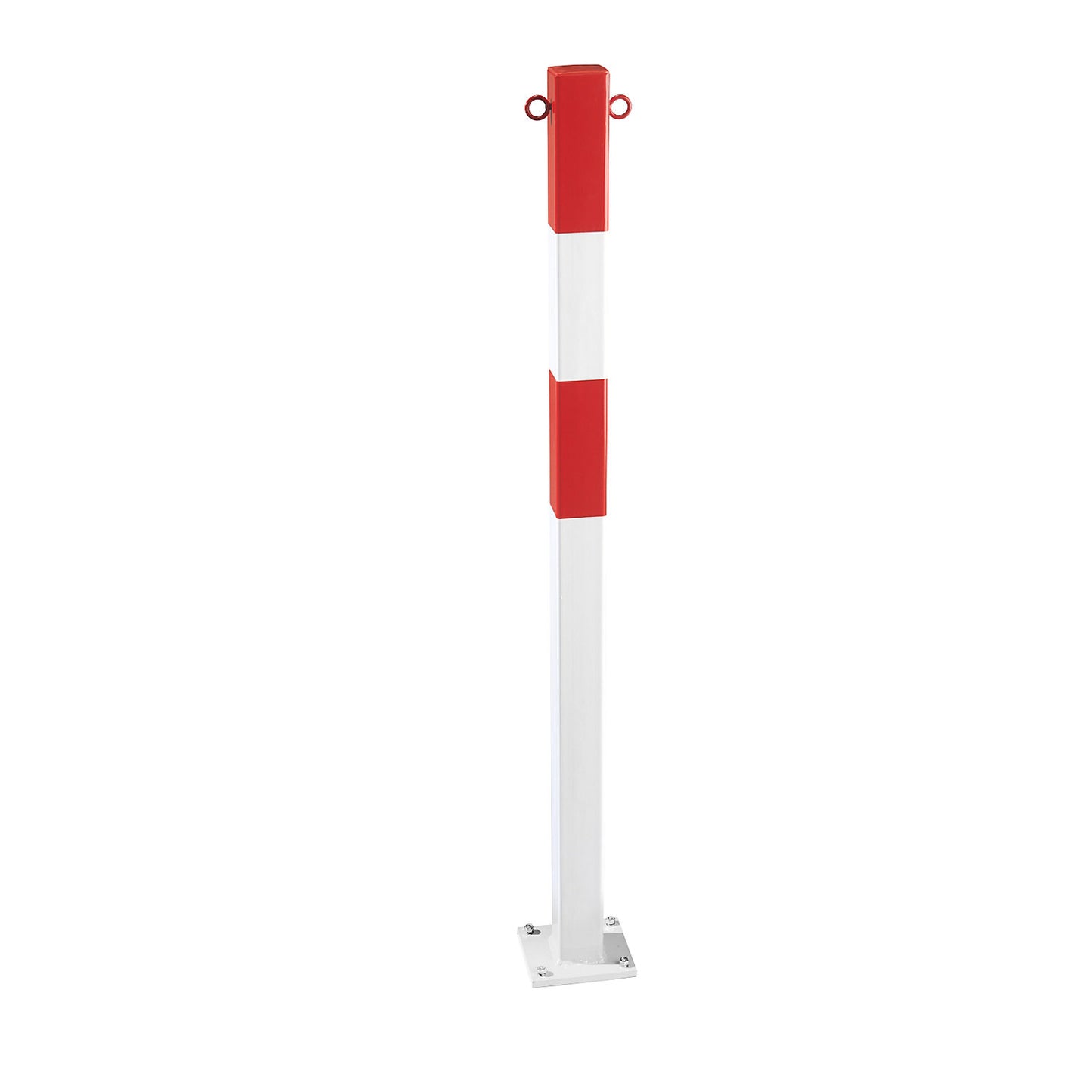 Barrier post made of tubular steel, for bolting in place, 70 x 70 mm, red / white, plastic coated.