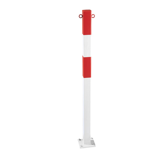 Barrier post made of tubular steel, for bolting in place, 70 x 70 mm, red / white, plastic coated.