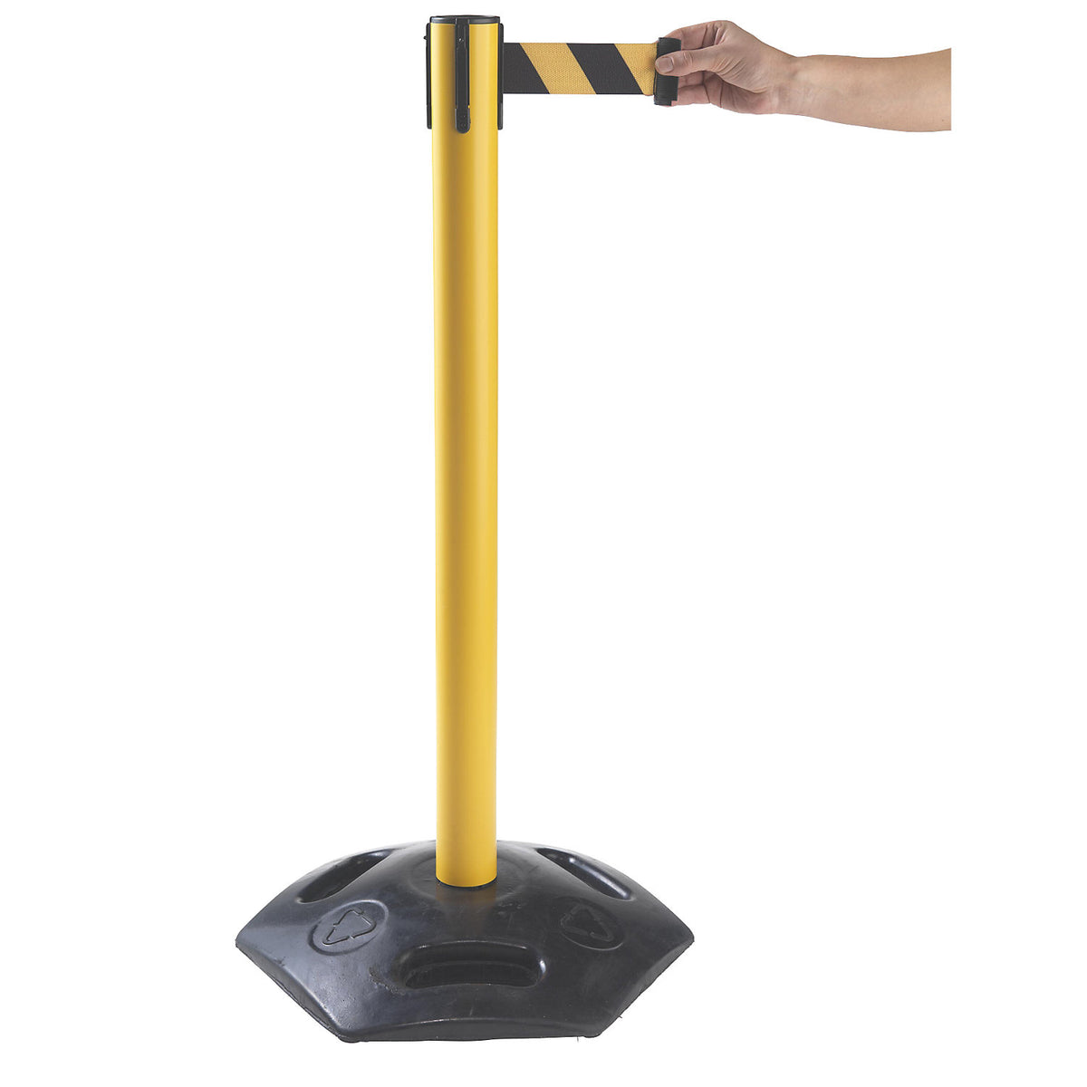 Tape barrier post, pack of 2, with hard rubber base, post yellow, belt yellow / black.