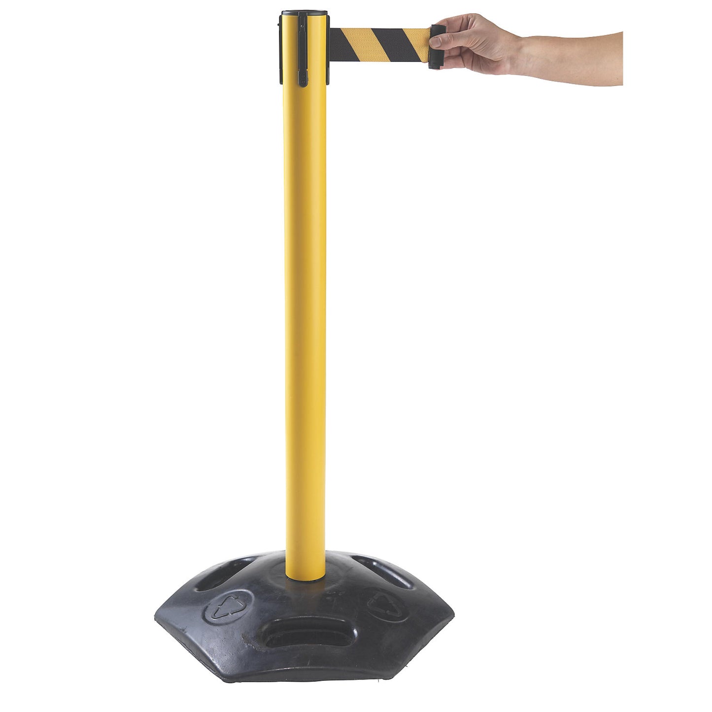 Tape barrier post, pack of 2, with hard rubber base, drawer 3700 mm, post yellow, belt yellow / black.