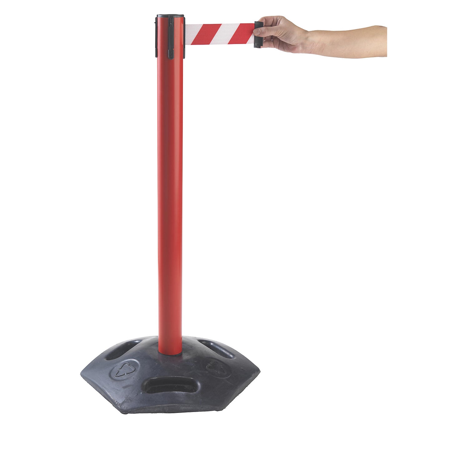Tape barrier post, pack of 2, with hard rubber base, drawer 3700 mm, post red, belt red / white.