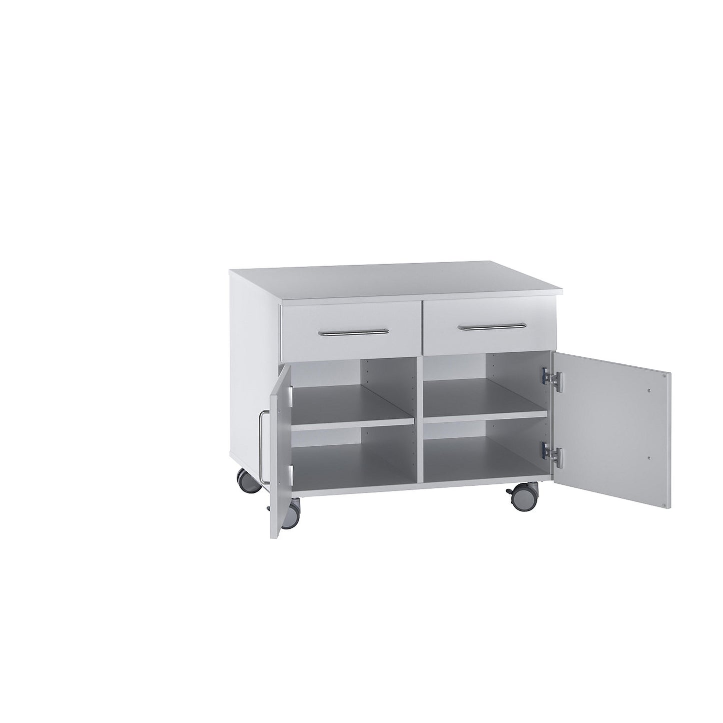 Laboratory base cupboard, low, 2 drawers, 2 doors, 2 shelves, 1 central partition, width 836 mm.