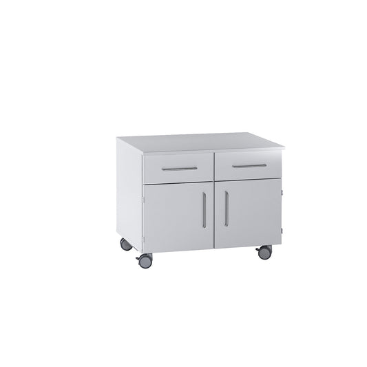 Laboratory base cupboard, low, 2 drawers, 2 doors, 2 shelves, 1 central partition, width 836 mm.