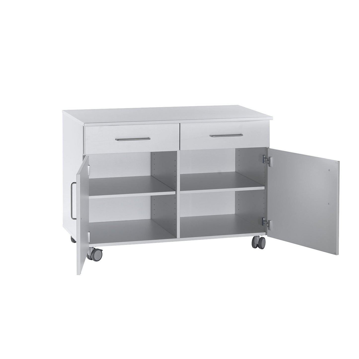 Laboratory base cupboard, high, 2 drawers, 2 doors, 2 shelves, 1 central partition, width 1136 mm.